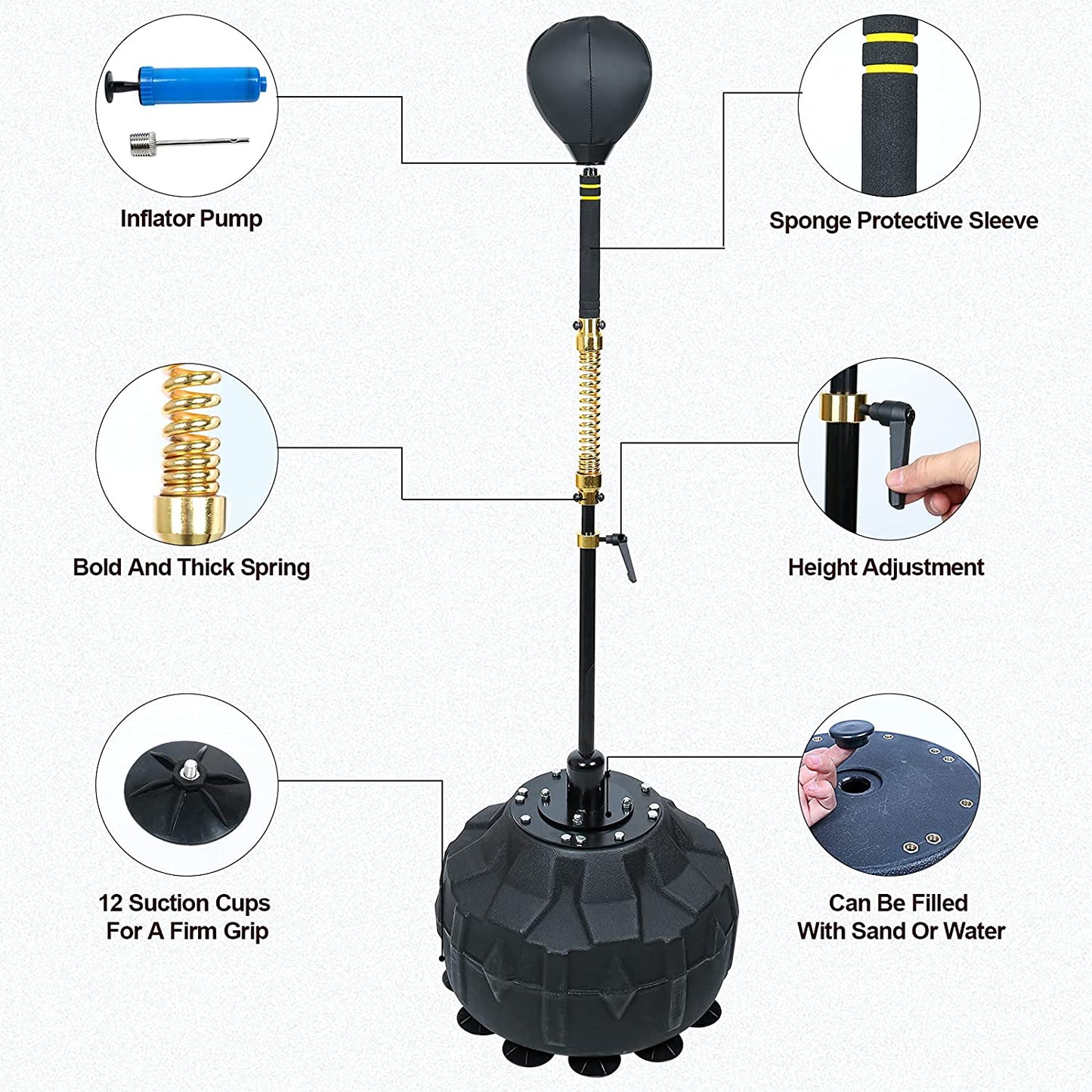 Boxing Fast Respond Speed Bar Heavy Duty Punching Equipment Adjustable Height from 57"~73" Boxing Skills Training Free Standing